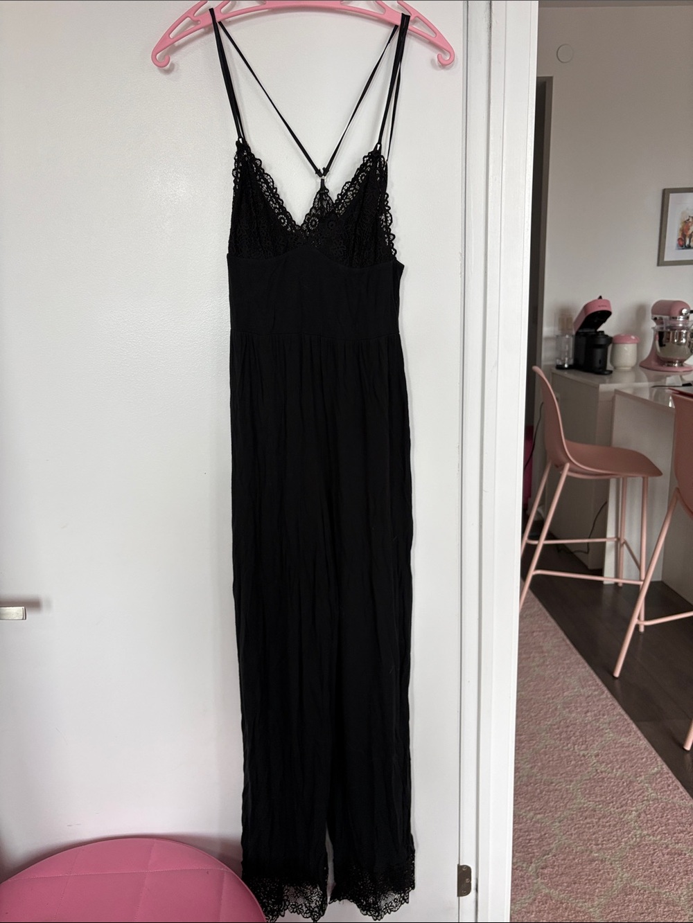 Victoria’s Secret modal Black Lace-Trim Spaghetti Strap Jumpsuit